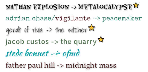 nathan explosion from metalocalypse (starred), adrian chase AKA vigilante from peacemaker, geralt of rivia from the witcher (starred), jacob custos from the quarry (starred), stede bonnet from our flag means death, father paul hill from midnight mass.
